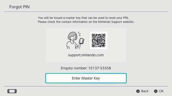 Upozornění pro resetování vašeho PIN kódu Pokud vložíte master klíč a resetujete svůj PIN kód, zatímco je aplikace Nintendo Switch Parental Controls propojena