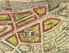 Na regulačním plánu je budova školy vpravo. Blok nebyl nikdy dostavěn, škola zůstala v izolované poloze se slepým západním štítem. Regulační plán 1931 63.
