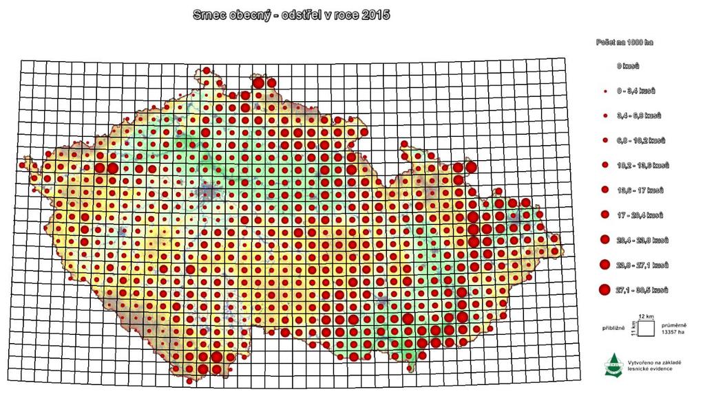 Obr. 7 Mapa odstřelu srnce obecného v roce 2015 Prase divoké je v současnosti naší nejčastěji lovenou spárkatou zvěří.