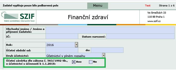Finanční zdraví (FZ) pdf formulář 2016 Účetnictví v plném/zkráceném rozsahu Účetní závěrka dle zákona č. 563/1992 Sb.
