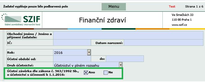 Finanční zdraví (FZ) pdf formulář 2016 Účetnictví v plném/zkráceném rozsahu Účetní závěrka dle zákona č. 563/1992 Sb.