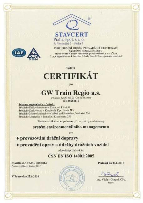 5 CERTIFIKOVANÉ ČINNOSTI Společnost GW Train Regio a.s. je i nadále držitelem certifikátů s platností do 23. 6. 2017.