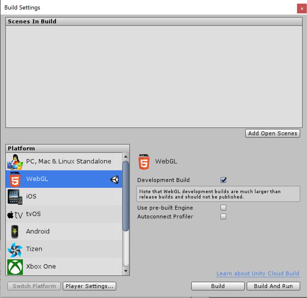 Obrázek 29: Nastavení buildu pro Unity projekt Zdroj: Vlastní zpracování 3.4.