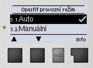 Provozní režim 3. - Provozní režim V menu 3. Provozní režim můžete regulátor přepnout do automatického režimu, vypnout, nebo přepnout do manuálního režimu.