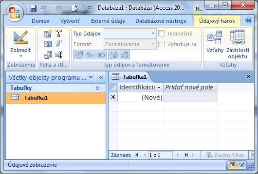 2. Prostredie MS Access 2007 Prázdnu databázu vytvoríme kliknutím na tlačidlo Office/Nový/Prázdna databáza. Po vytvorení prázdnej databázy sa automaticky vloží základný objekt celej databázy tabuľka.