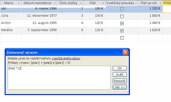 Ak chceme napríklad vložiť pole s hodnotami platu zamestnancov za celý rok, to znamená 12 mesiacov, zvolíme si údajový typ Mena pre položku Vypočítavané pole a do okna napíšeme výraz [Plat]*12 a