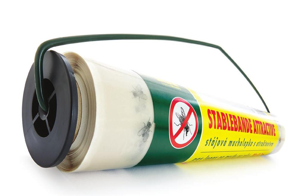 STABLEBAND - stájová mucholapka Jednostranně lepící pás o rozměru 10 x 0,3 m svinutý do rolky o rozměru 300 x 55 mm. Rolka je opatřená kovovým háčkem ke snadnému zavěšení lapače na vhodné místo.