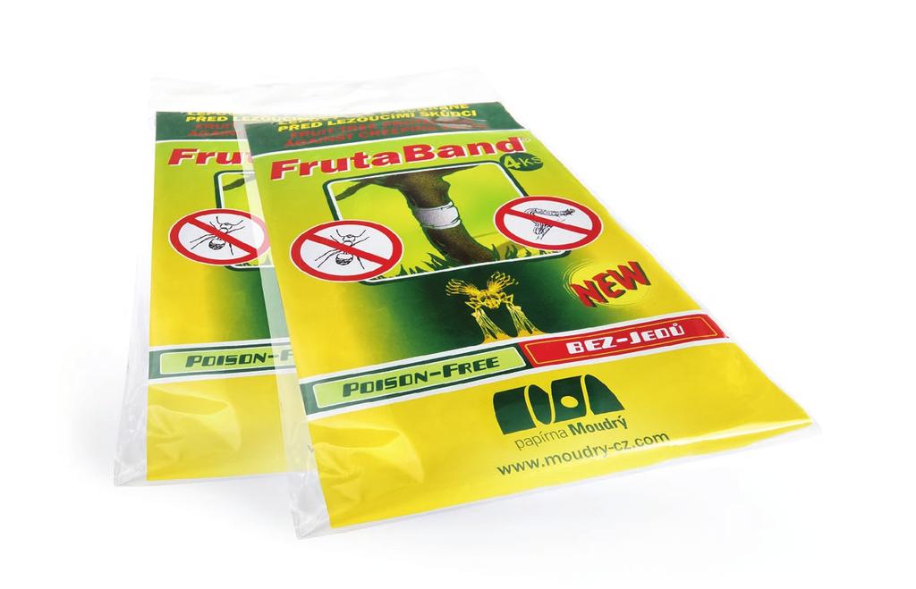 FRUTABAND - lepové pásy k ochraně ovocných stromů před lezoucími škůdci 2 páry pásů, kdy každý pár je tvořený dvěma lepovými pásy, které jsou vzájemně slepeny k sobě.