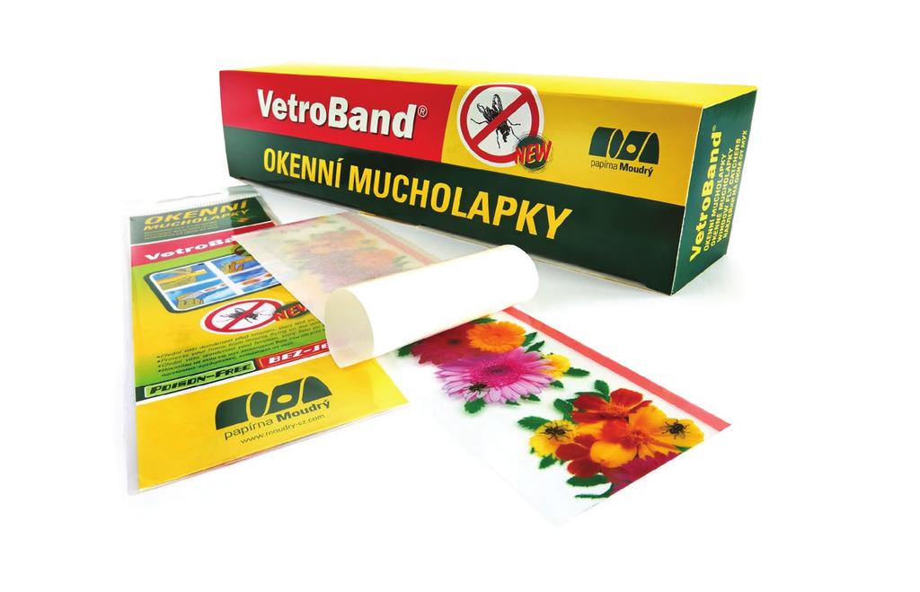 VETROBAND - okenní mucholapka Jednostranně lepicí pás opatřený lákadly, který zaručuje účinný odchyt mouchy domácí (Musca domestica) a octomilky obecné (Drosophila melanogaster).