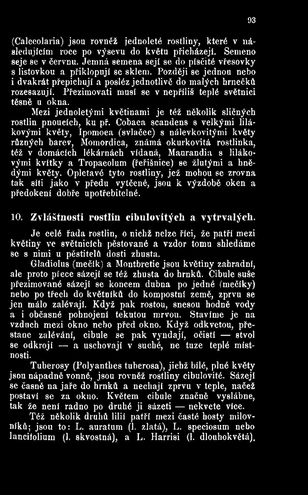 kvítky a Tropaeolum (řeřišnice) se žlutými a hnědými květy. Opletavé tyto rostliny, jež mohou se zrovna tak síti jako v předu vytčené, jsou k výzdobě oken a předokení dobře upotřebitelné. 10.