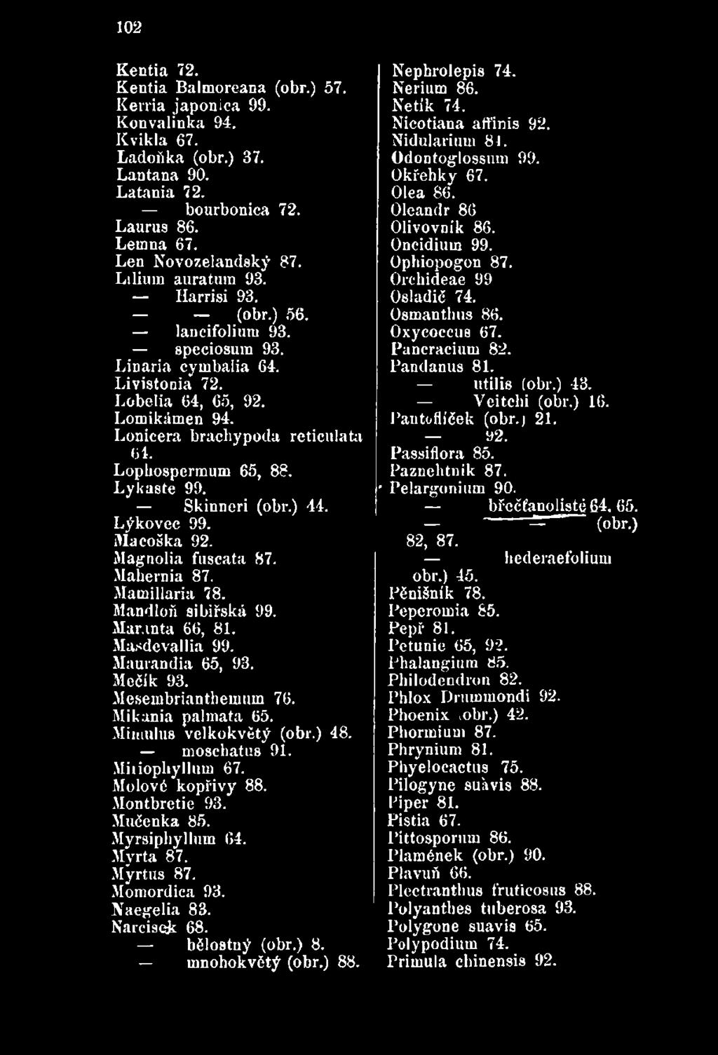 Naegelia 83. Narciscsk 68. bělostný (obr.) 8. mnohokvětý (obr.) 88. Nephrolepis 74. Nerium 86. Netík 74. Nicotiana afťinis 92. Nidularium 81. Odontoglossum 99. Okřehky 67. Olea 86.