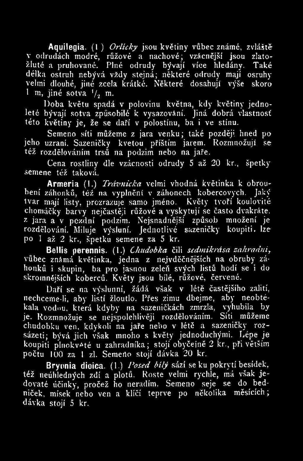 Cena rostliny dle vzácnosti odrůdy 5 až 20 kr., špetky semene též taková. Armeria (1.) Trávnička velmi vhodná květinka k obroubení záhonků, též na vyplnění v záhonech kobercových.