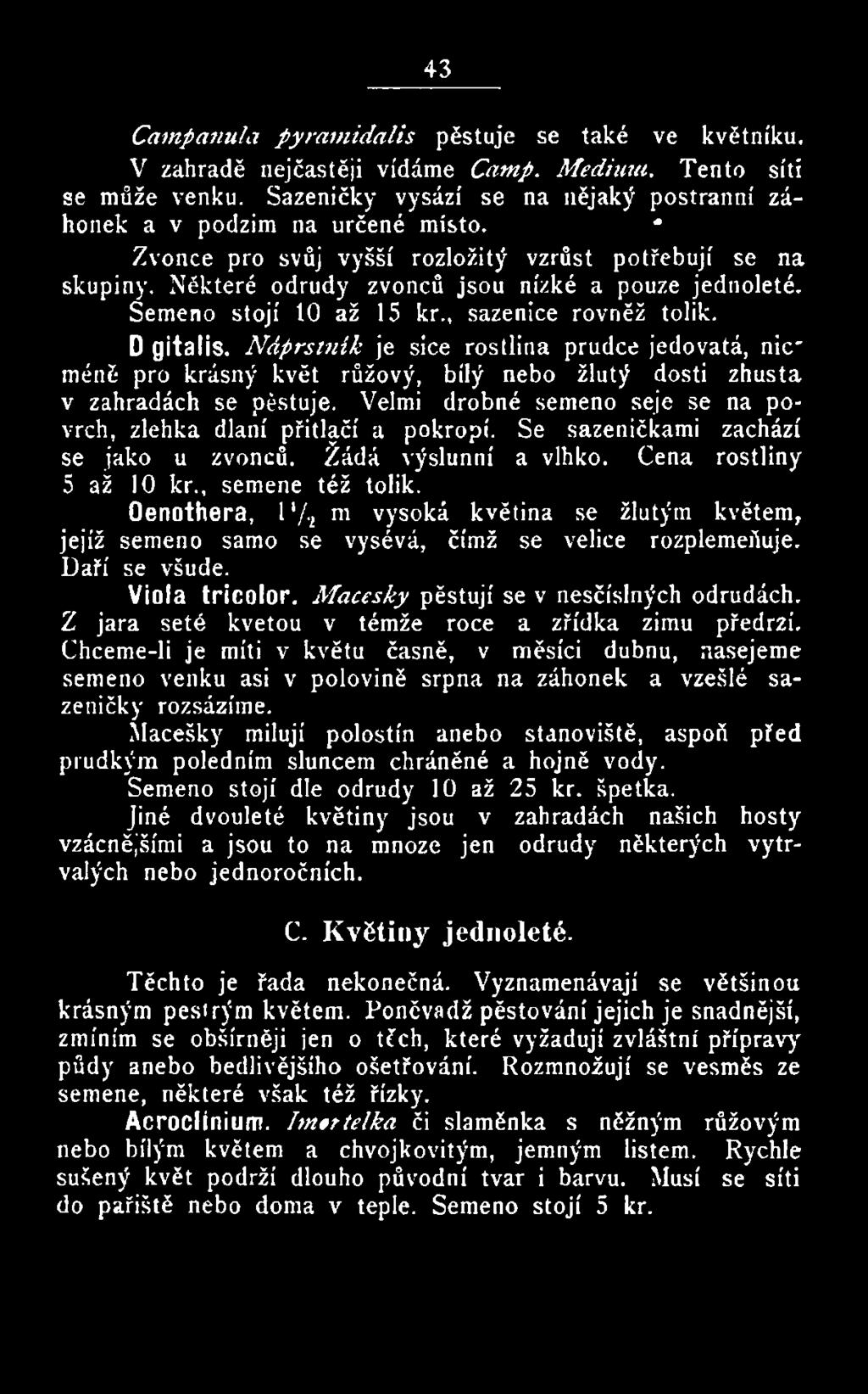 Oenothera, ľ / 2 m vysoká květina se žlutým květem, jejíž semeno samo se vysévá, čímž se velice rozplemeňuje. Daří se všude. Viola tricolor. Macešky pěstují se v nesčíslných odrůdách.