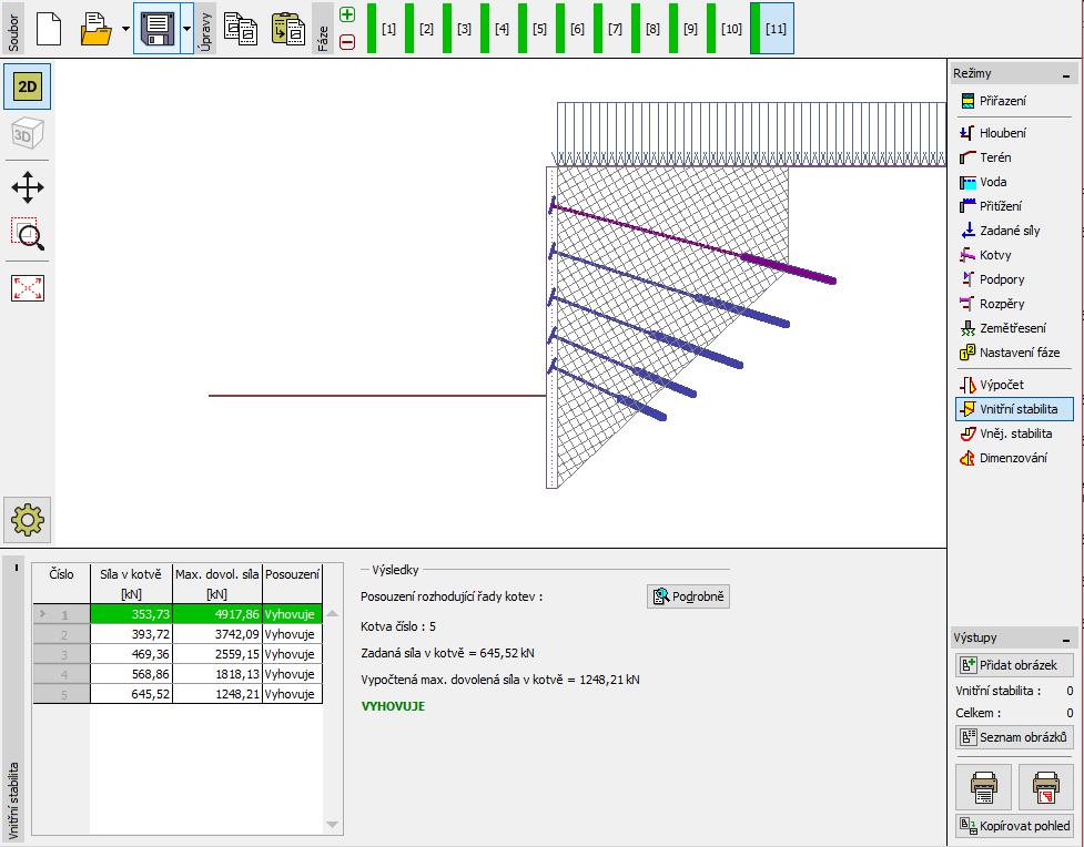 Výpočet vnitřní stability: Pro zjištění stability kotevního systému přejdeme v poslední fázi budování do rámu Vnitřní stabilita, kde sledujeme hodnoty maximální dovolené síly v jednotlivých kotvách.