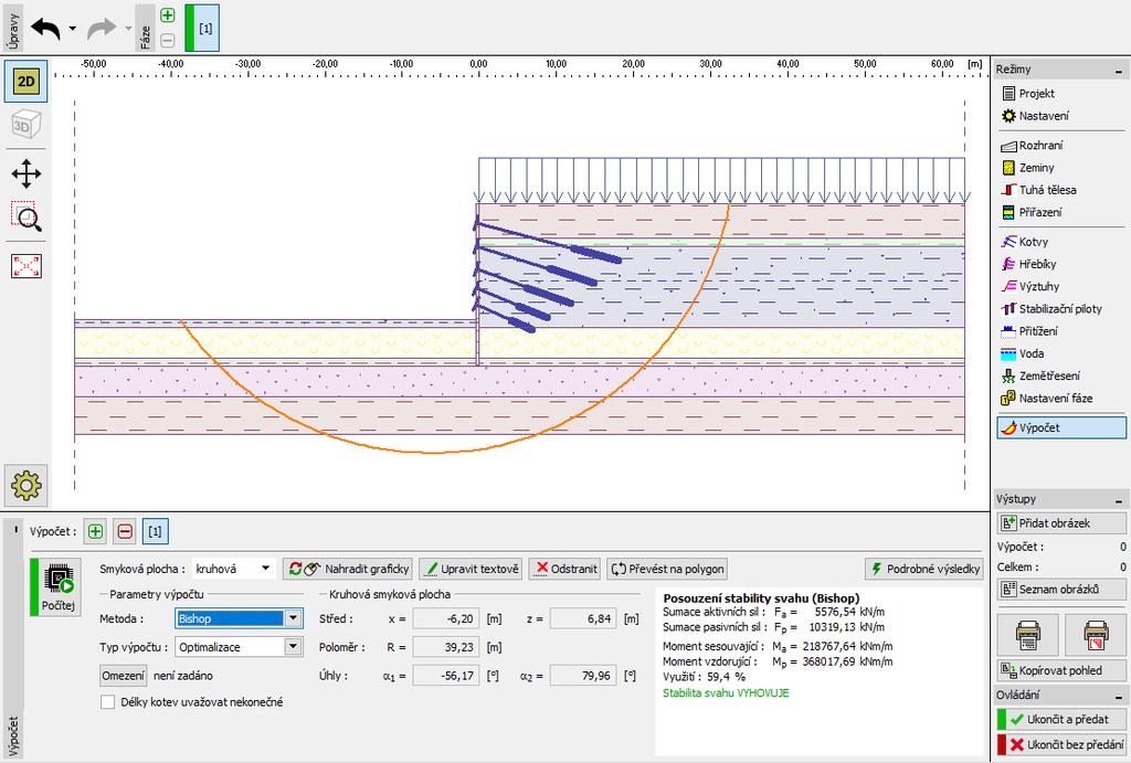Posouzení vnější stability: Posledním krokem je posouzení vnější stability konstrukce (pomocí rámu Vnější stabilita ). Kliknutím na rám Vnější stabilita se automaticky otevře program Stabilita svahu.