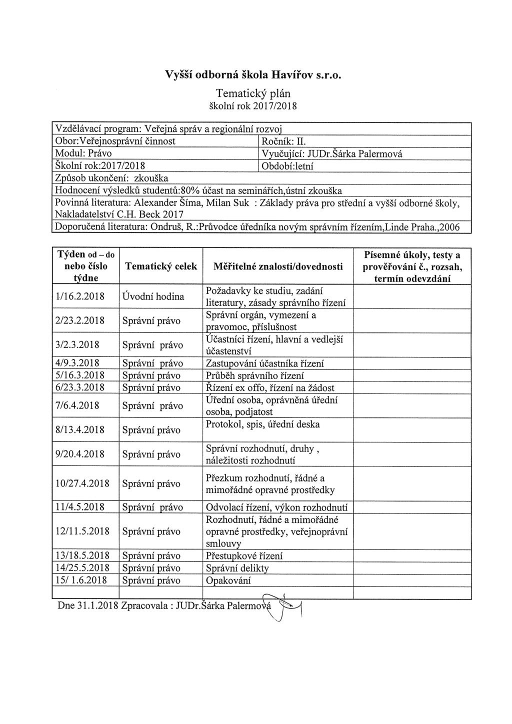 Vyšší odborná škola Havířov s.r.o. školní rok 2017/2018 Vzdělávací program: Veřejná správ a regionální rozvoj Obor:Veřejnosprávní činnost Ročník: II. Vyučující: JUDr.