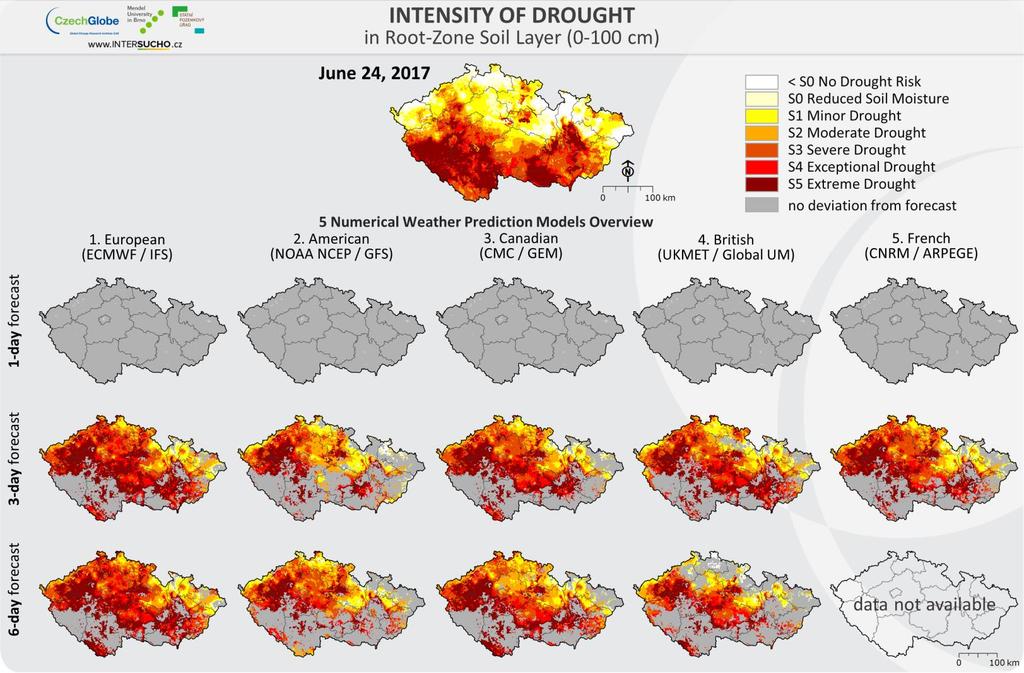 Obr. 3.28. Ukázka odchylky předpovědi od skutečnosti na příkladu intenzity sucha v nejhorší den roku 2017 z pohledu úspěšnosti předpovědi.
