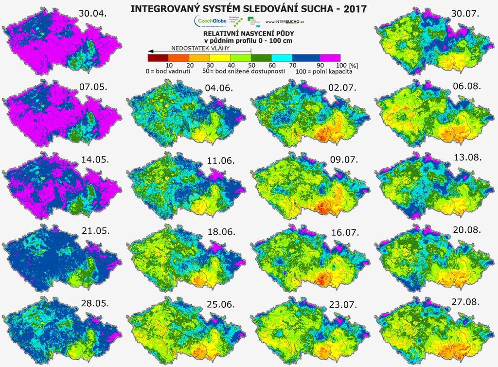 Obr. 3.31 Relativní nasycení půdy ve vrstvě 0,0 1,0 m (zpracováno v gridu 500x500 m) v období 30. 4. 27. 8. 2017.