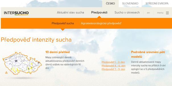 3.9. Jak využívat předpovědní nástroje na www.intersucho.cz Na portále www.intersucho.cz uživatel nalezne odkaz zvaný Předpovědi (Obr. 3.35). Ty jsou pak dále děleny na dvě základní sekce.