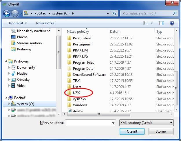 22. V pravém okně se otevře obsah disku C, kde najdete složku UZIS a 2x na ni klikněte. 23. Otevře se obsah složky, kde je uložen soubor s vyexportovanými údaji z Praktika.