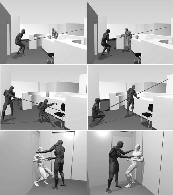 Obr. 59 - Počítačová animace za použití 3D software 234 Úkolem animace bylo potvrdit nebo vyvrátit vzájemnou polohu a tvar těl aktérů, vzhledem k vazbám ruka útočníka, ústí pistole, vstřel na těle