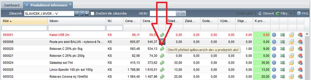 Produkty Produktové informace Do seznamu produktů byl, pokud je zvolen konkrétní zákazník, přidán sloupec s indikací