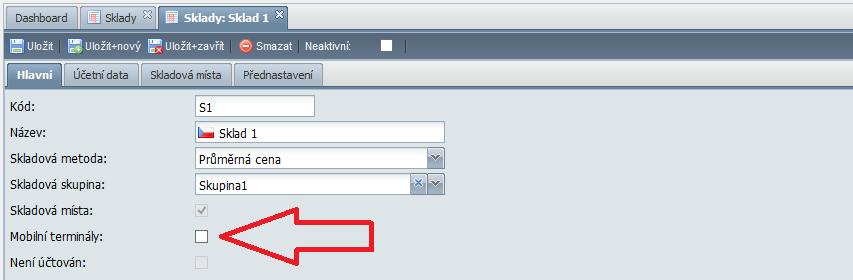 Dále pak byl doplněn přepínač, zda se ve skladu používají mobilní terminály. Některé aplikace (např.