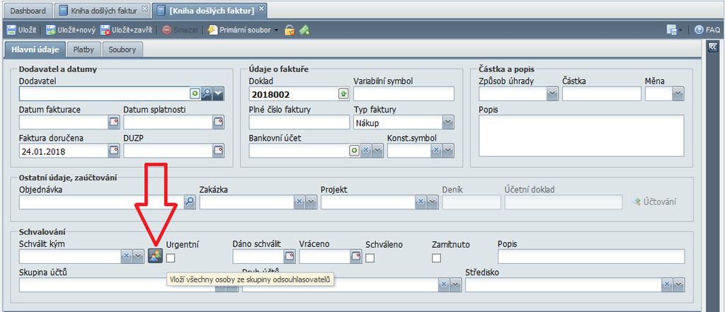 Kniha došlých faktur Do záznamu faktury v KDF bylo přidáno tlačítko pro volbu skupiny odsouhlasovatelů. Po volbě skupiny jsou případné již zadané osoby vymazány a nahrazeny zvolenou skupinou.