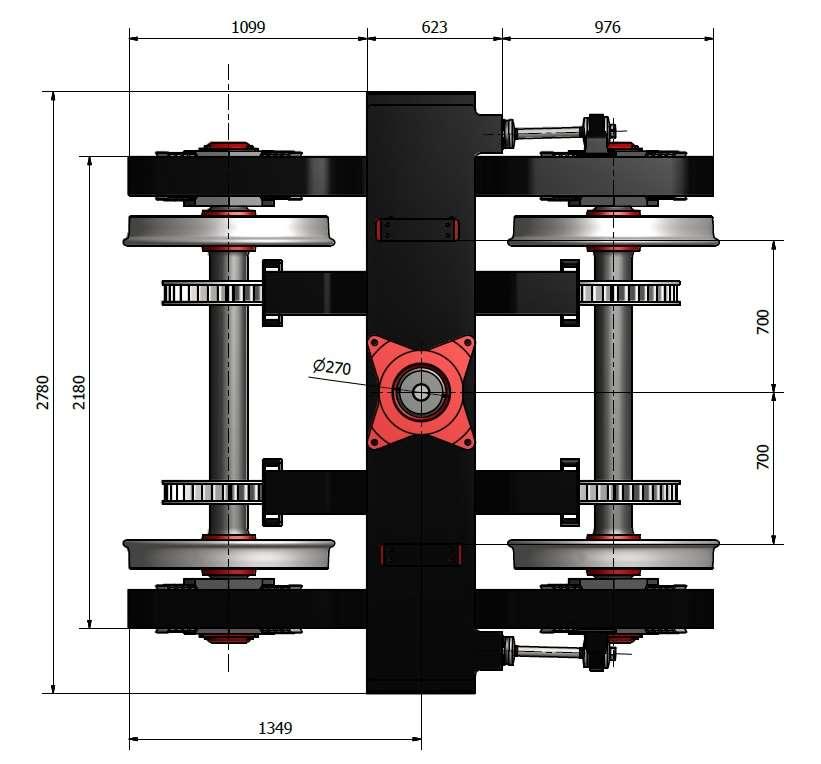 Obrázek 53 Základní rozměry půdorysu Podvozek Y27 Délka 2698 mm Šířka 2780 mm Výška od kolejnic po kluznici 940 mm Hmotnost 4 800 kg (+/- 5%) Rozchod 1435 mm