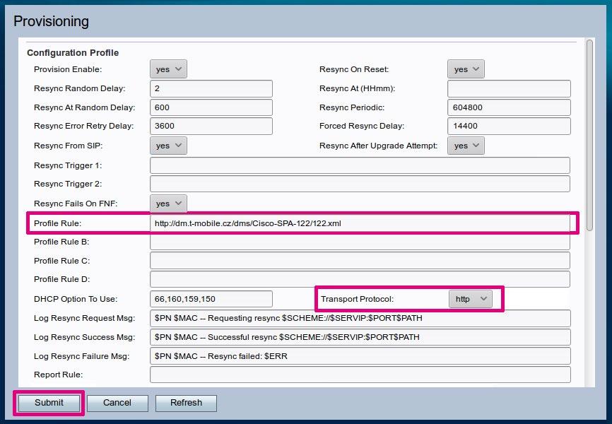 Zadejte username admin a heslo (v továrním nastavení je heslo admin). V menu Voice vyberte možnost Provisioning. Do pole Profile Rule zadejte adresu http://dm.t-mobile.cz/dms/cisco-spa-122/122.