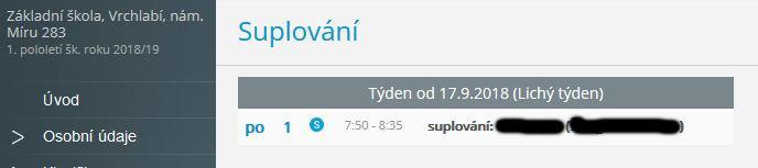 Dolní čára v okénku hodiny je v případě zapsané absence ohraničena barevně dle typu absence. 4.4.2 Suplování Přehled změn v rozvrhu žáka - suplované hodiny, spojené hodiny, odpadlé hodiny, výměna hodin.