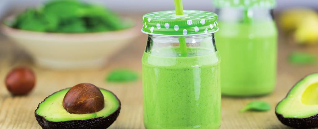 Špenátové smoothie s avokádem 2 porce 5 minut snadné cca 828 kj / 197 kcal na porci y 9,9 g sacharidy 16,6 g tuk 9,9 g vláknina 2,4 g n SMART SHAKE s banánovou příchutí (1/2 odměrky) n 50 g čerstvého