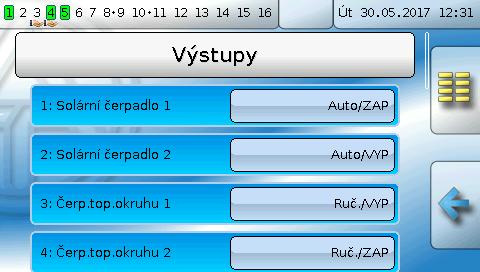 Výstupy Displej Příklad zařízení, které je již naprogramováno: Výstupy 1, 4 a 5 jsou zapnuté Výstupy 3 a 4 jsou v