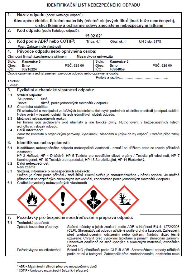 Identifikační list nebezpečného odpadu Provozní