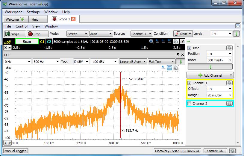 Obr. 4.15: Ukázka pracovního prostředí WaveForms s modulem FFT části, které komora obsahuje (ventilátor, kompresor, čerpadla.