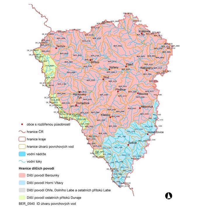 1. Vzájemný vztah územní působnosti kraje a dílčích povodí Do správního území Plzeňského kraje zasahují čtyři dílčí povodí, z nich nejvýznamněji dílčí povodí Berounky viz obr. 1.