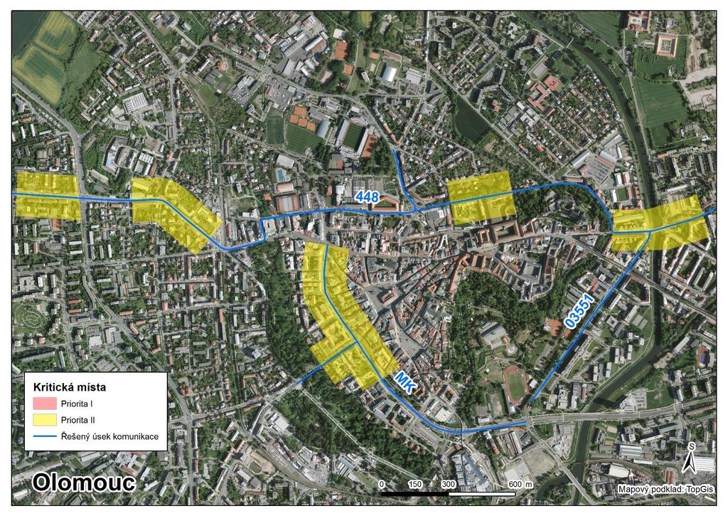 Obr. 16 Situace kritických míst v Olomouci s orientačním vyznačením