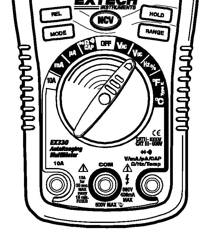 Bezkontaktní zkoušečka střídavého napětí (NCV) Tento bezkontaktní způsob měření NCV (Non-Contact Voltage Detector) zjistí přítomnost střídavého napětí v rozsahu 100 až 600 V po přiblížení horní