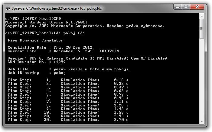 FDS příklad spuštění výpočtu z příkazového řádku Spuštění výpočtu příkazem: fds5 ***.
