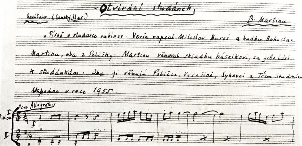 DOK 16: Rukopis partitury Martinů kantáty Otvírání studánek Zdroj: MIHULE, Jaroslav. Bohuslav Martinů v obrazech. Praha: Státní pedagogické nakladatelství, 1964, s. 14 přílohy.