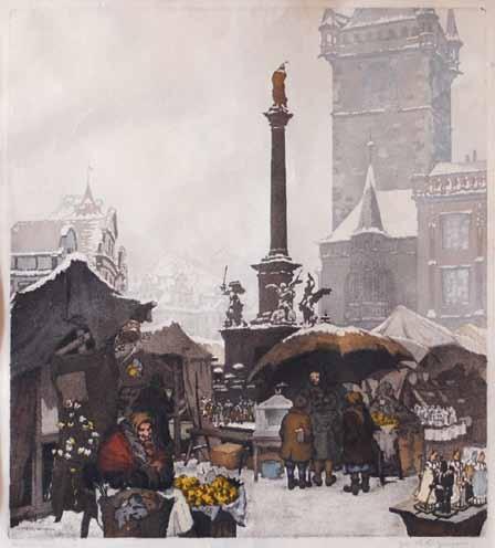 83. Jaromír Stretti - Zamponi (1882 1959) Zimní trh na Staroměstském náměstí akvatinta, 36 x 32,5 cm, sign. PD Jar.