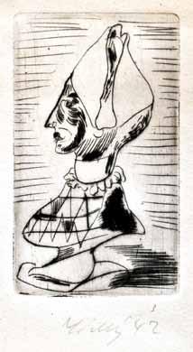 František Tichý (1896 1961) Hlava clowna I. suchá jehla, 1943, 9,6 x 6,6 cm, sign. LD Tichý 43, žák prof. J. Obrovského, V. Nechleby a K.