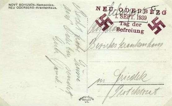- 16 - Kolaborantské razítko z Nového Bohumína je 4-řádkové s textem: NEU ODERBERG / 1.SEPT. 1939 / Tag der / Befreiung (Nový Bohumín / 1.září 1939 / den / osvobození).
