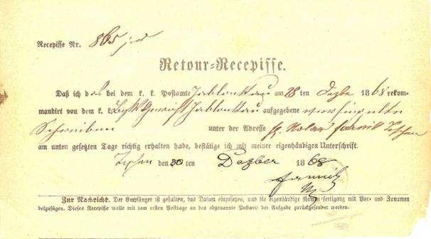 - 18 - Zpáteční stvrzenka na zásilku poslanou do Jablunkova 28.12.1868, příjem je potvrzen 30.12.1868. Na stvrzence není žáden otisk razítka odesílací pońty.