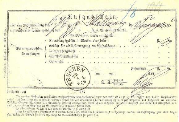 Podací lístek dole je na zásilku poslanou rovněž do Opavy, ale z roku 1876 (29.4.).