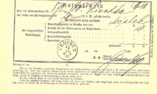 - 22 - Podací lístek nahoře je na zásilku poslanou do Místku. Datum na razítku je z 31.10.1877. Následují dva podací lístky jsou s razítky III. Expedice.