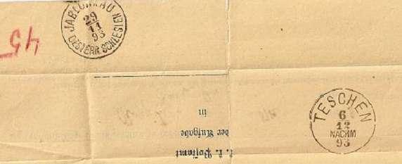 1.1889 do 29.7.1892 -s označením 6-9 F Frűh (ráno), výńka číslic 4,3 mm, ńířka písmene N 2,5 mm, známá doba použití od 10.9.1893 do 11.6.1894 -s označením NACHM Nachmittag (odpoledne), razítko bylo o průměru 26 mm.