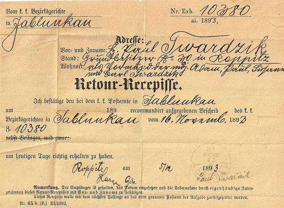 - 24 - v Ropici 5.12.1893. Následující den 6.12.1893 byla stvrzenka již v Těńíně, což potvrzuje otisk razítka na zadní straně.