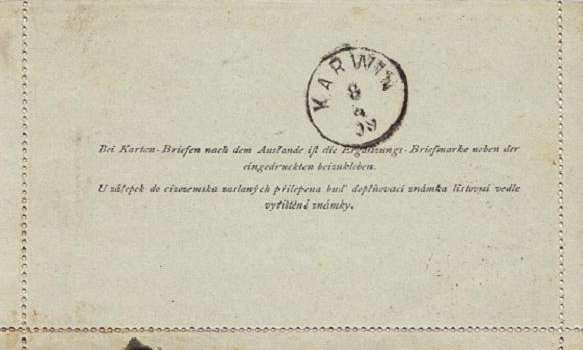 Německo-česká zálepka poslaná z Frýdlantu u Místku do Karviné 3.4.1899. Zálepka je na ńedavém papíru. Její text je německo-český. Natińtěná známka je červená, nominál 5 kreuzer.