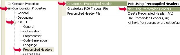 Obrázek D.3: Visual Studio - Precompiled Headers. Configuration Properties - Linker - General - Additional Library Directories Obrázek D.4: Visual Studio - Additional Library Directories.